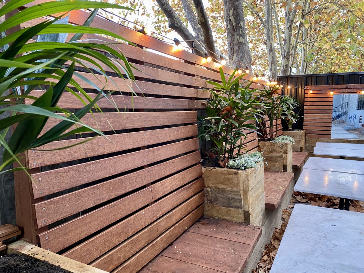 Exterior courtyard with lights.