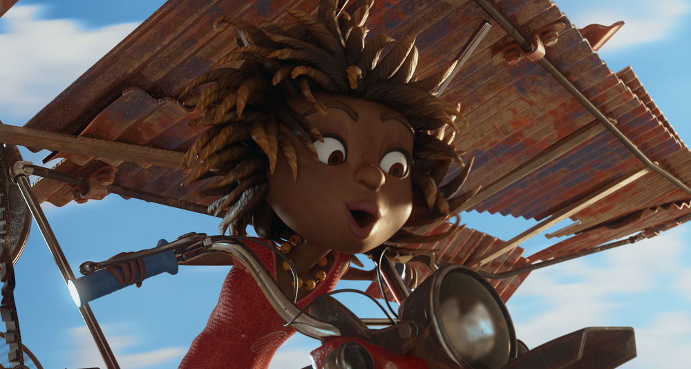 Still from animated film Jarli showing a girl on a bicycle fashioned into a plane