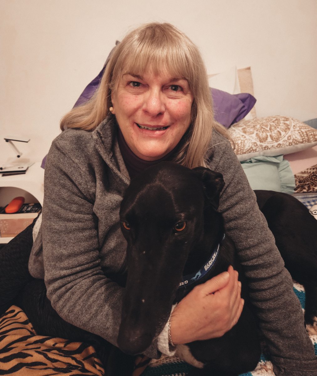 Alison Lewis with Silver the greyhound 