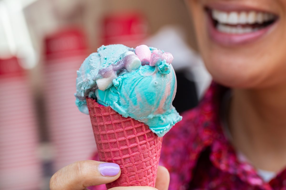 Pink cone with blue ice cream