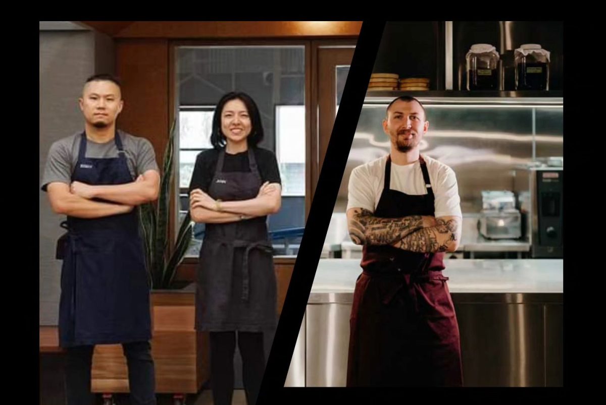 Two images of chefs with folded arms 