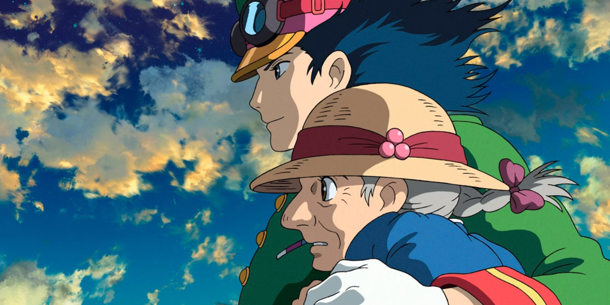 Animated still from Howl's Moving Castle showing the profiles of a man and a woman against a cloudy sky