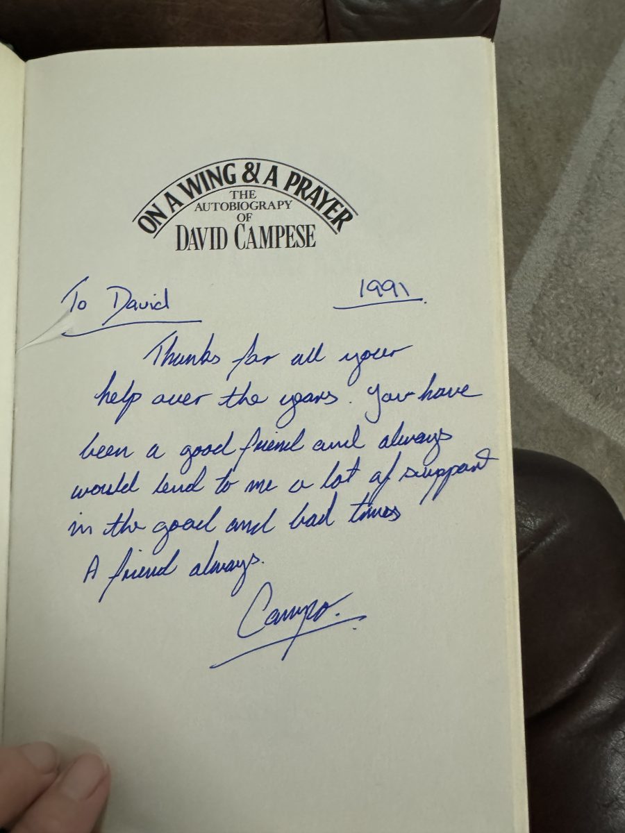 David Campese's written tribute to David Grimmond at the front of Campese's book. Photo: Supplied.