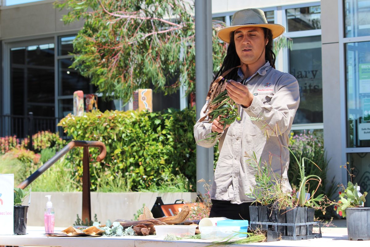 A Man, Aaron Chatfield, is in the central right, wearing a beige shirt and wide brimmed hat, holding a plant. 