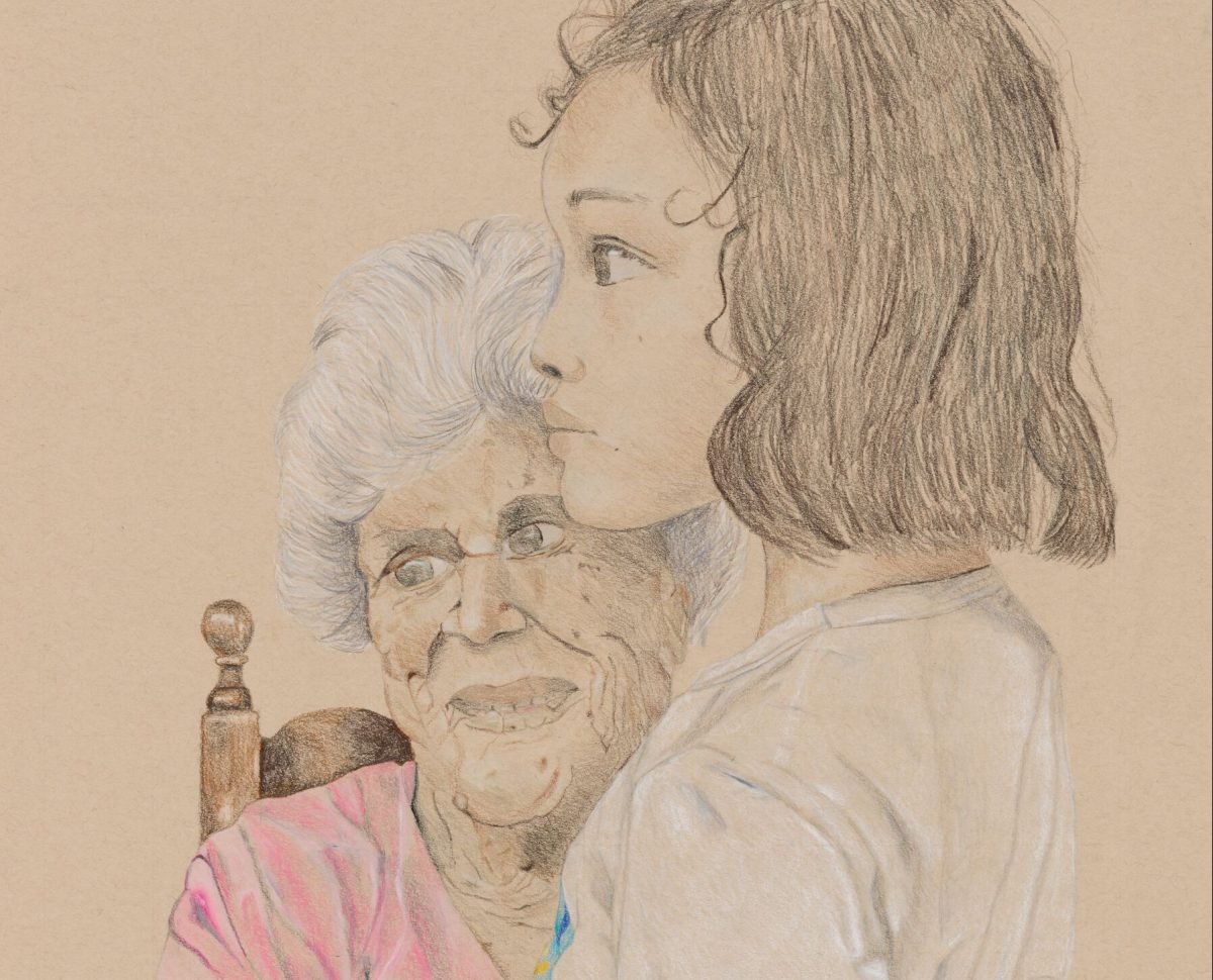 Hand drawn portrait of grandmother hugging grandchild.
