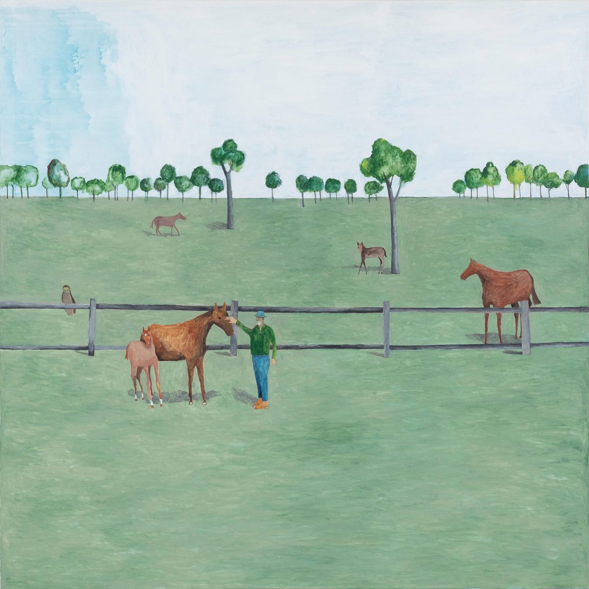 A paddock with horses with a man in the middle distance