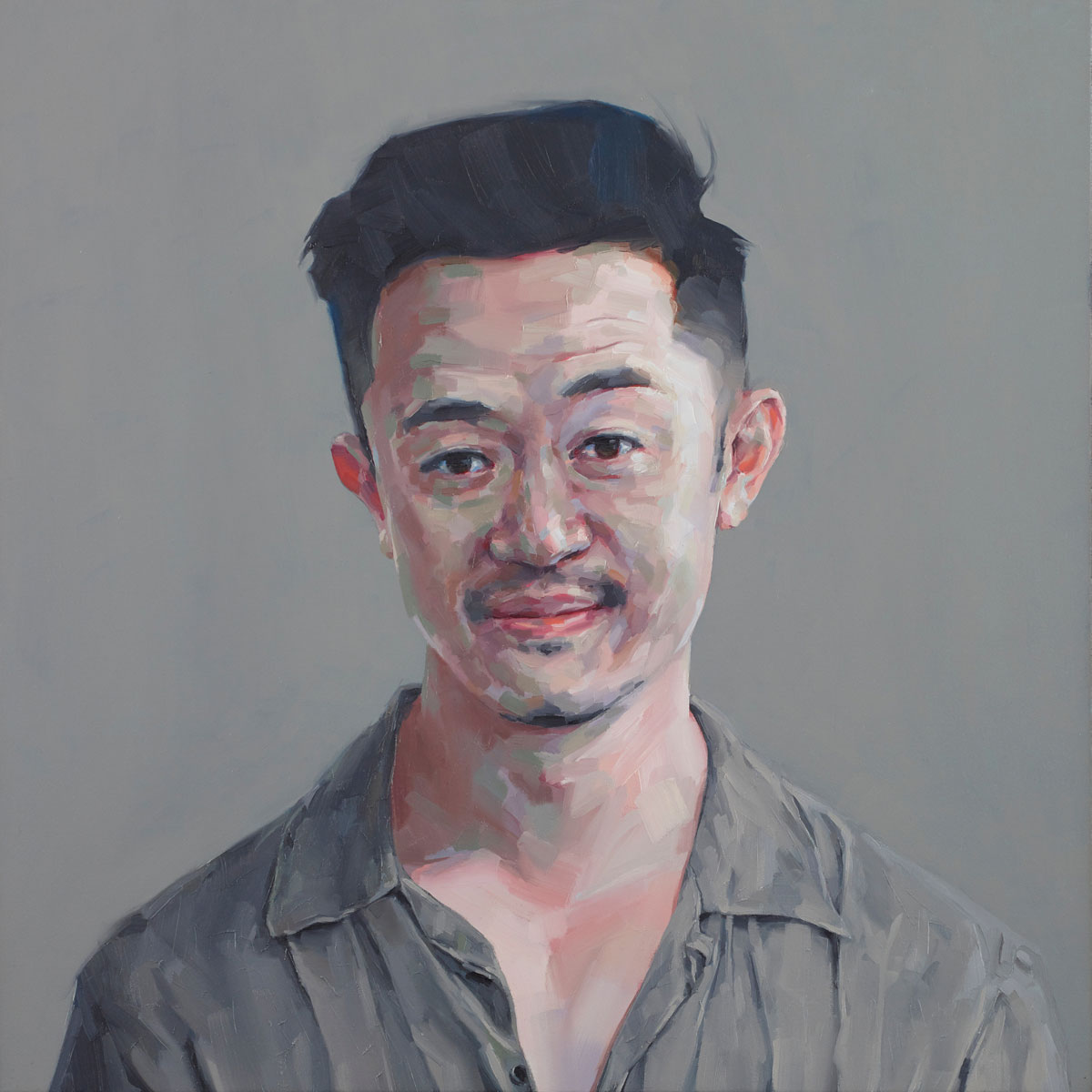 Painted portrait of man with black hair wearing a grey collared shirt.