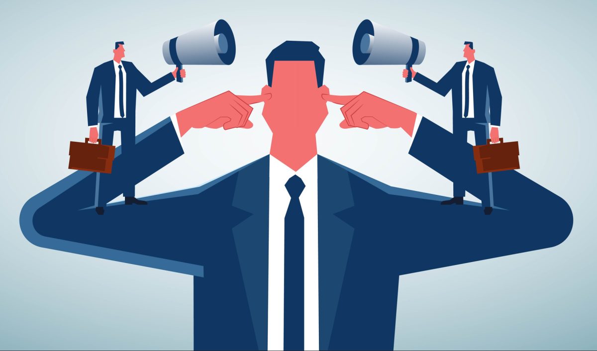 Refusing to listen to advice or counsel, refusing to listen, refusing to take user surveys or feedback, giants with their hands in their ears refusing to listen to small businessmen with megaphones