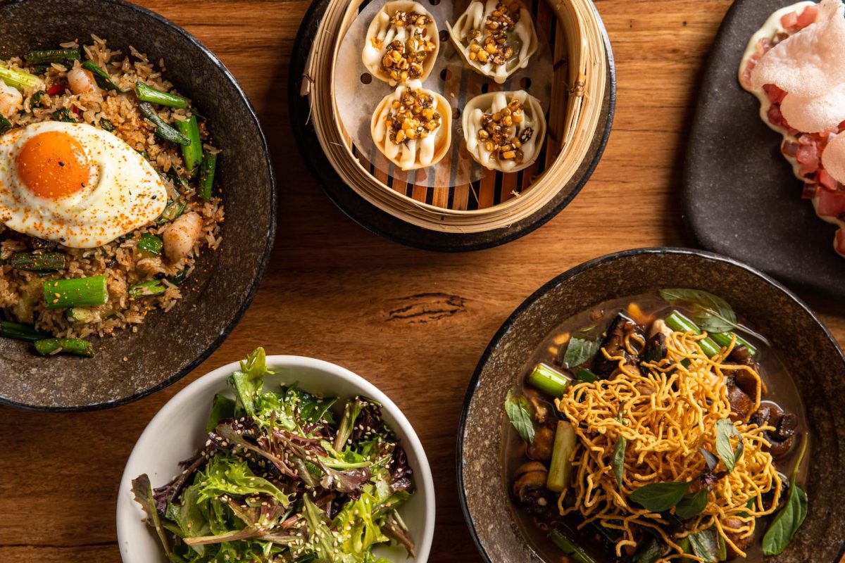 Dishes in bamboo steamers and on plates.