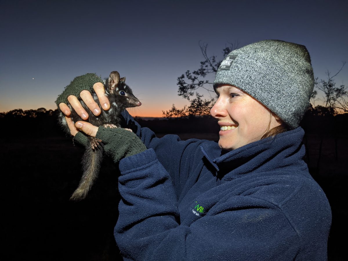 Woman in beanie staring at quoll