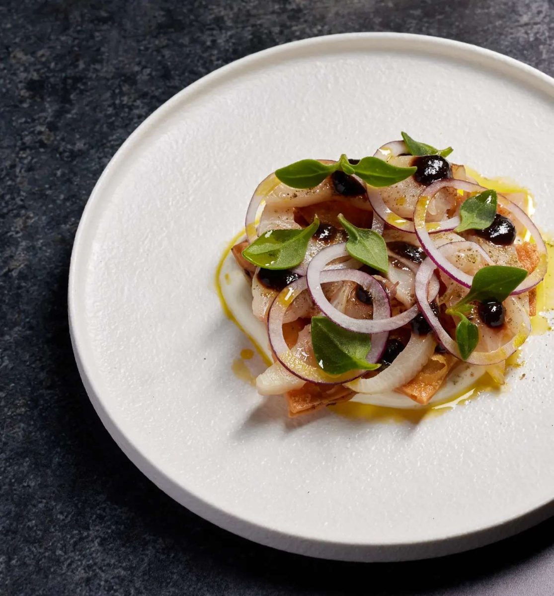 Beautifully plated dish with fresh herbs and colourful vegetables.