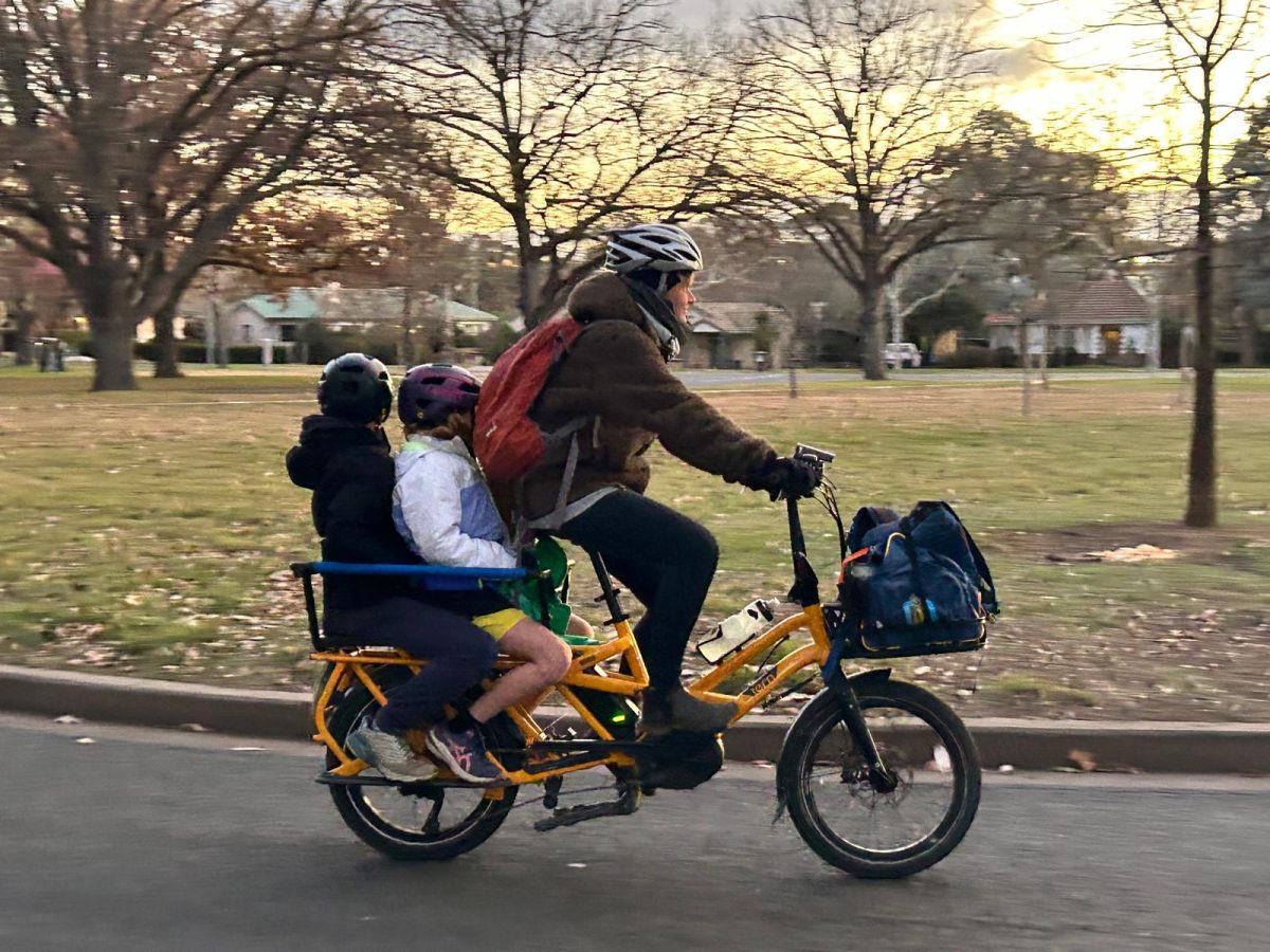 Woman cycling with children