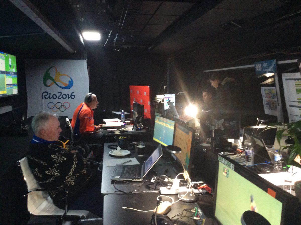 The ABC Radio commentary booth for the Rio Olympics set up at Redfern, Sydney. Photo: Tim Gavel.
