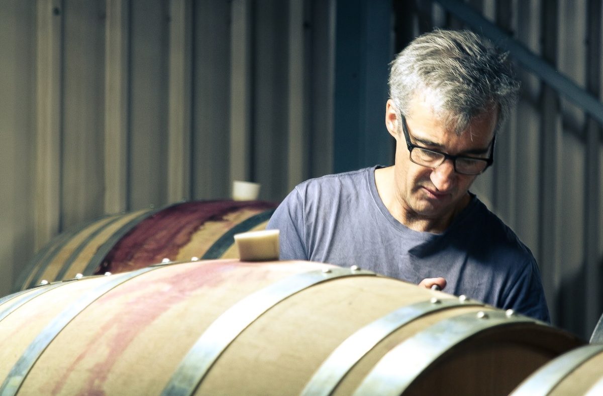 Man inspects wine barrel.