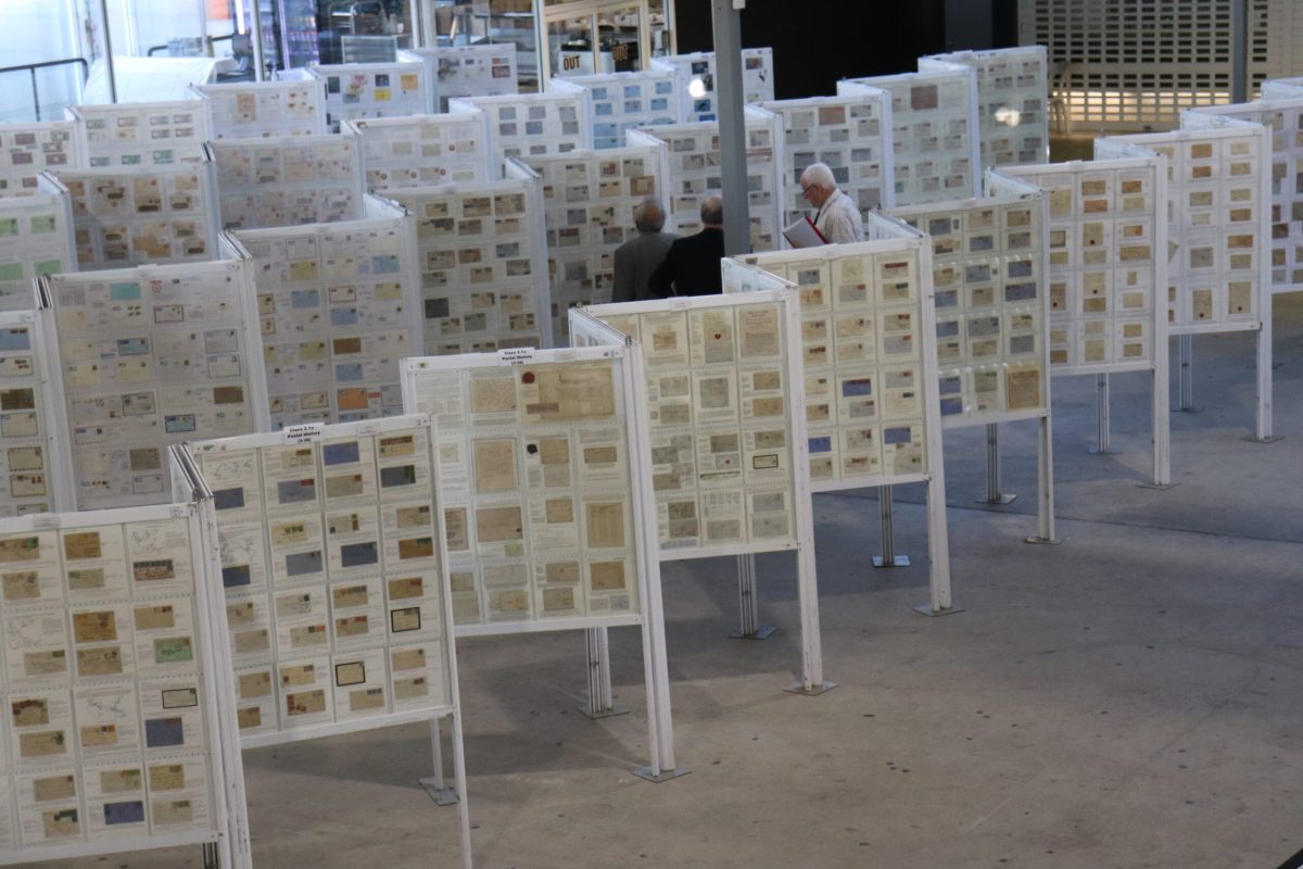 collection of stamps on display at a stampshow