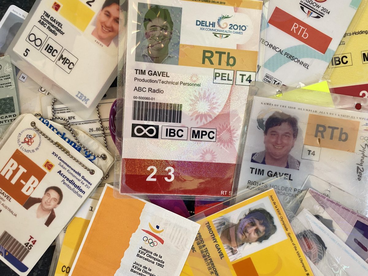 Tim Gavel's ID cards from seven Olympic Games and seven Commonwealth Games