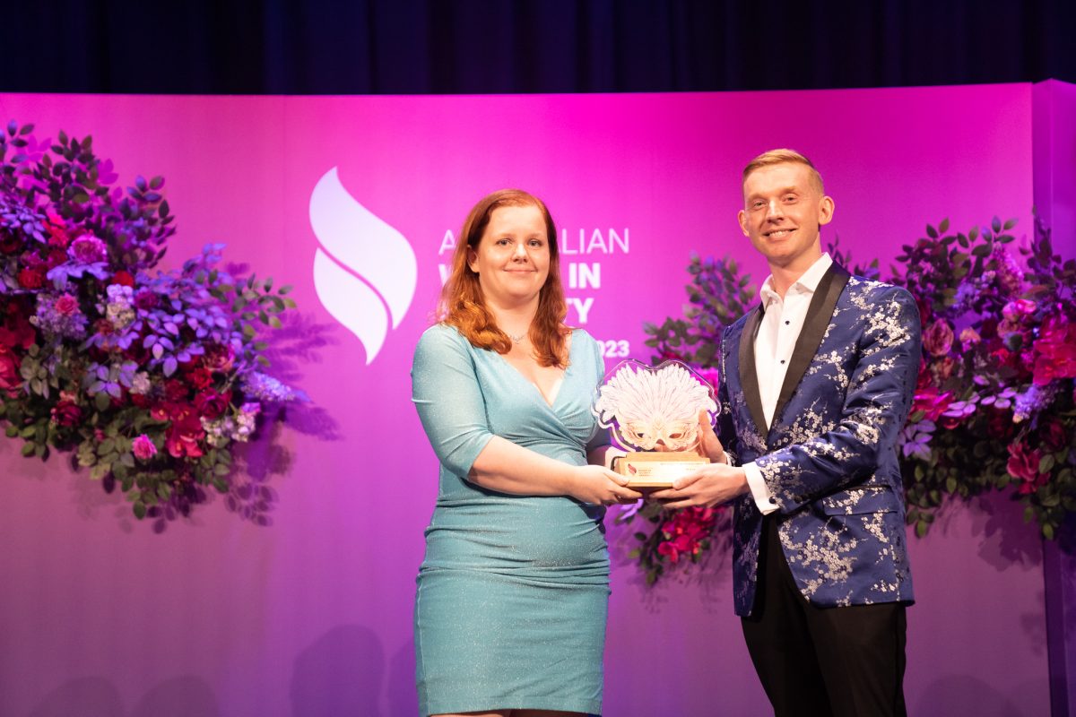 Laura O'Neill receives the award for Cyber Security Professional of the Year at the Australian Women in Security Awards 2023