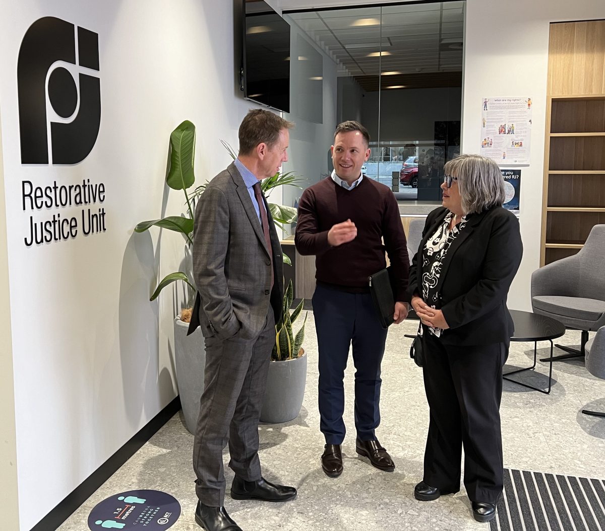 Attorney-General Shane Rattenbury, JACS Restorative Justice Unit senior director Richard Dening and Acting Victims of Crime Commissioner Margie Rowe are looking to expand the ACT's restorative justice process. Photo: Supplied.
