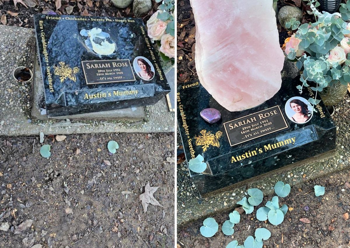 two photos of grave with and without a crystal