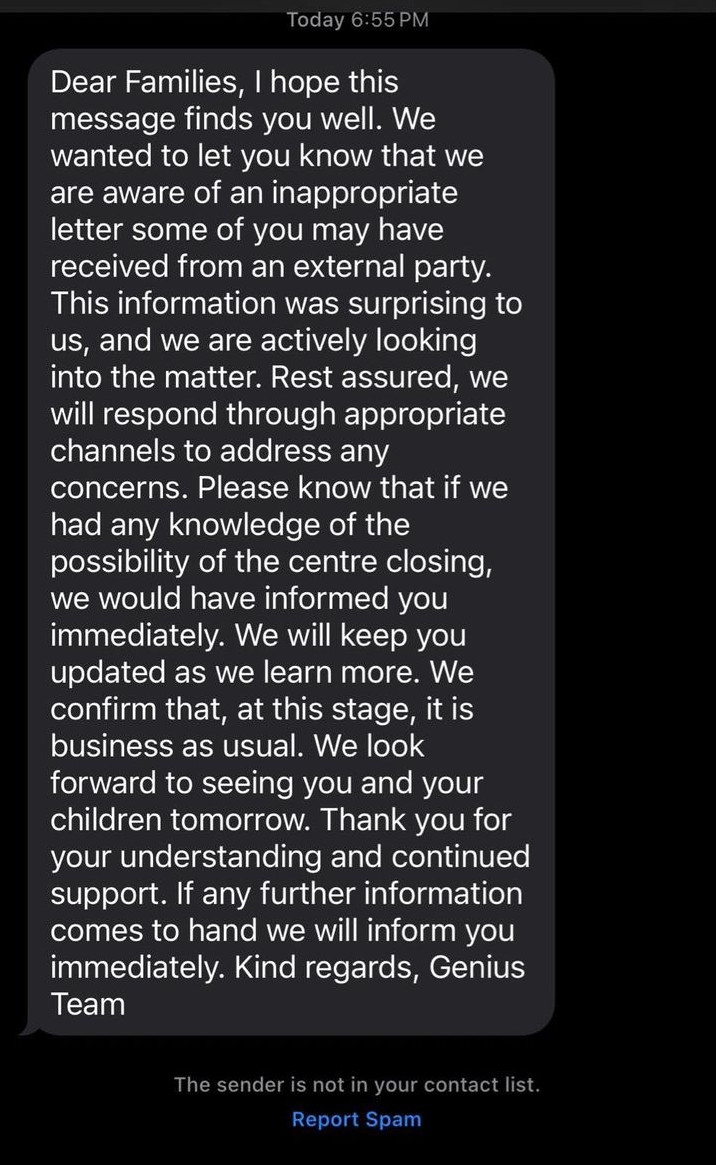 screenshot of message from childcare centre