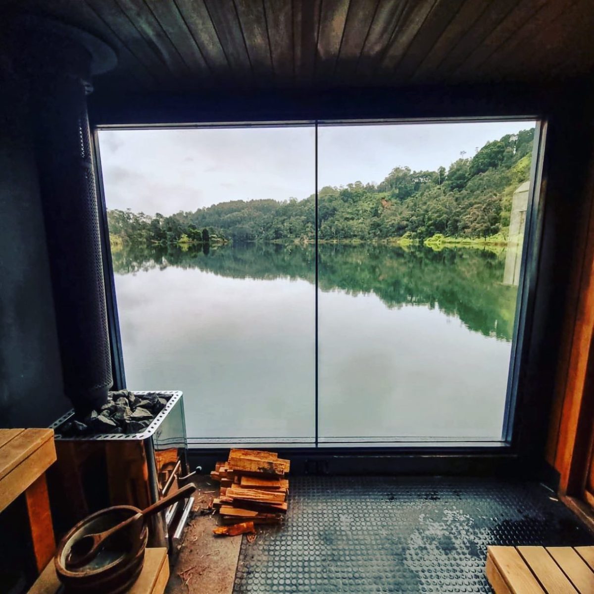 view from sauna on lake