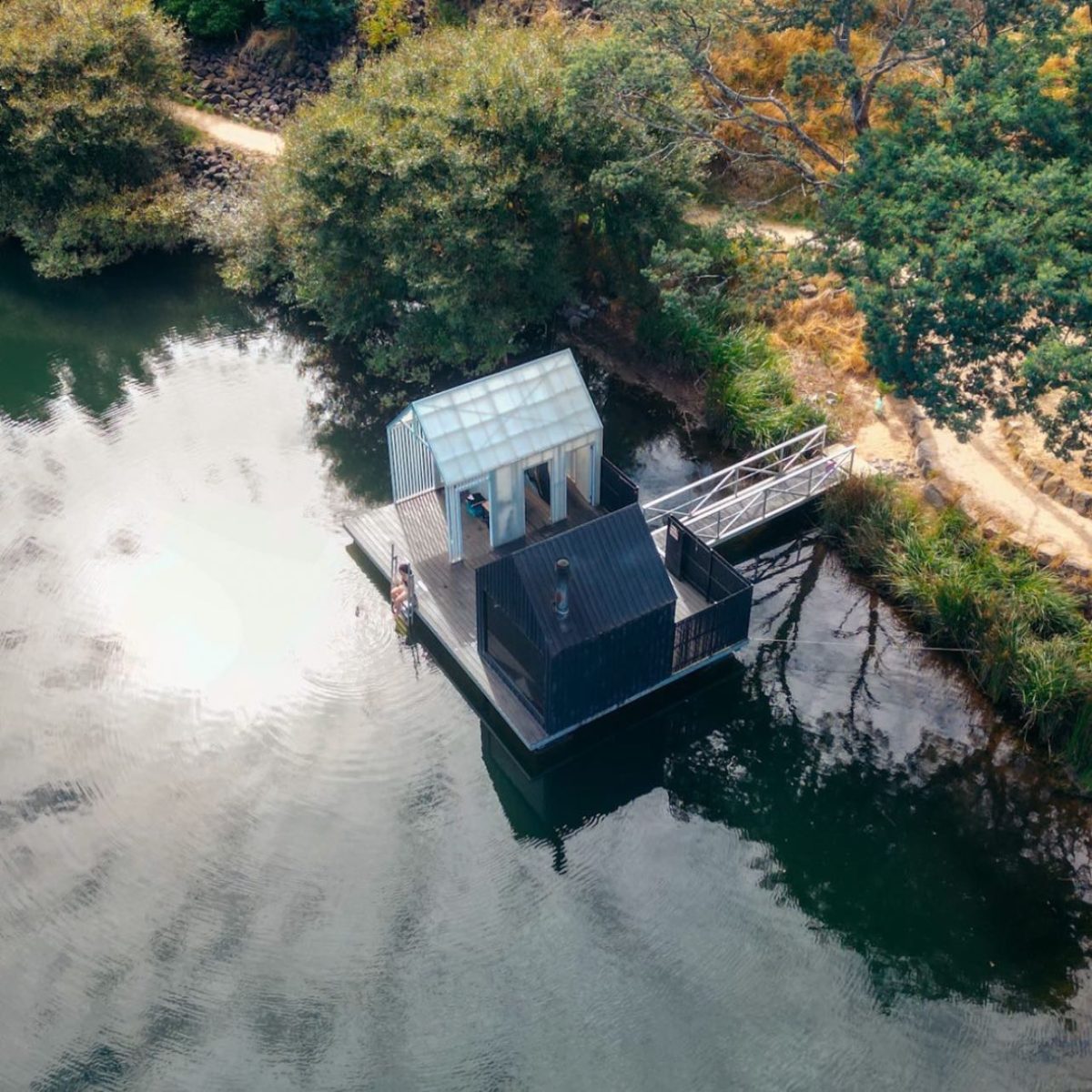 aerial view of sauna on lake