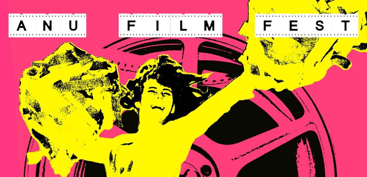 ANU Film Festival promotional banner showing a stylised cheerleader in yellow overlaid on a pink film reel. The text ANU FILM FEST appears on stylised white film.