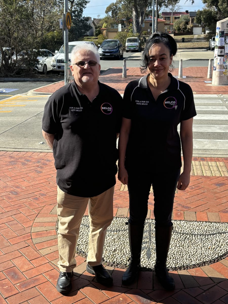 Greg Burke and Angela Lount in Belco Party shirts