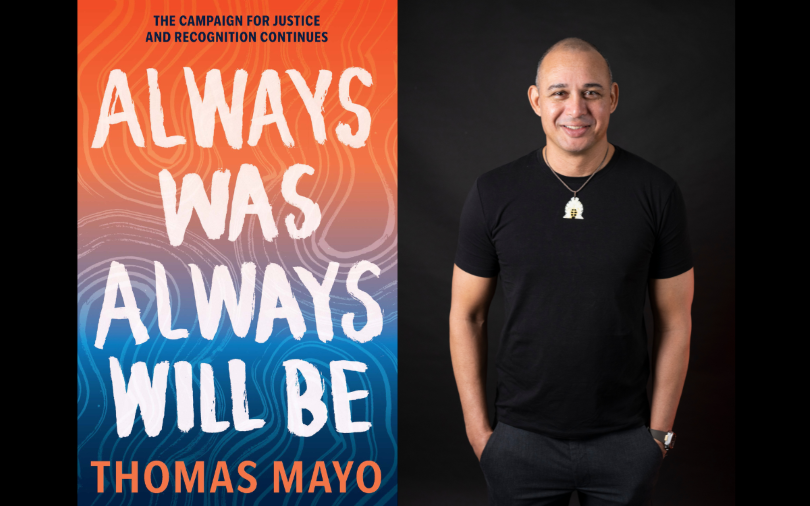 A headshot of Thomas Mayo and an image of a book cover of his book 'Always Was, Always Will Be.'