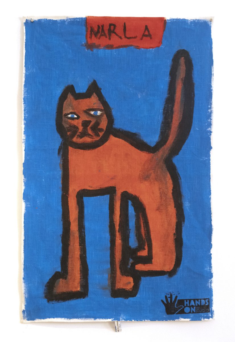 Vertical image - styllised red cat against blue background