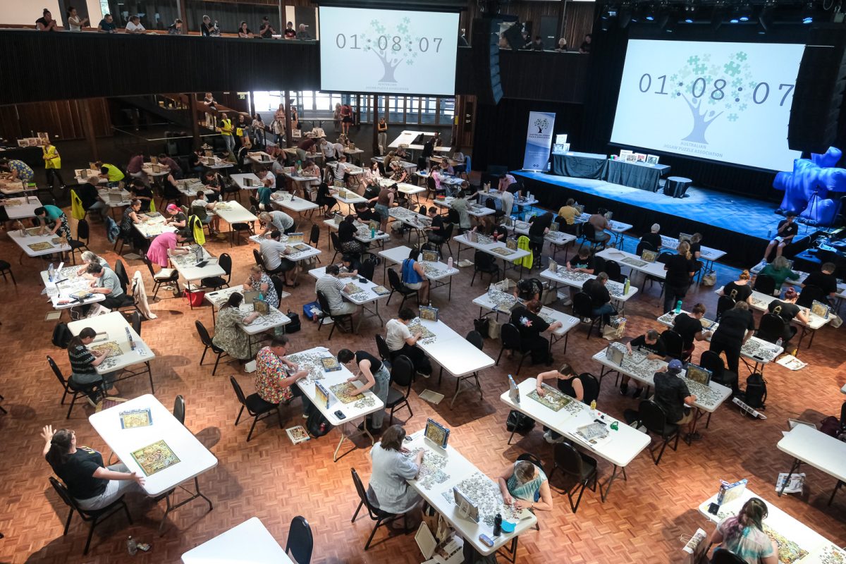 aerial view of people doing jigsaw puzzles