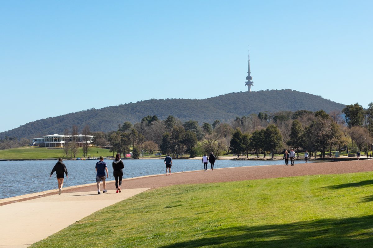 People walking by Lake Burley Griffin