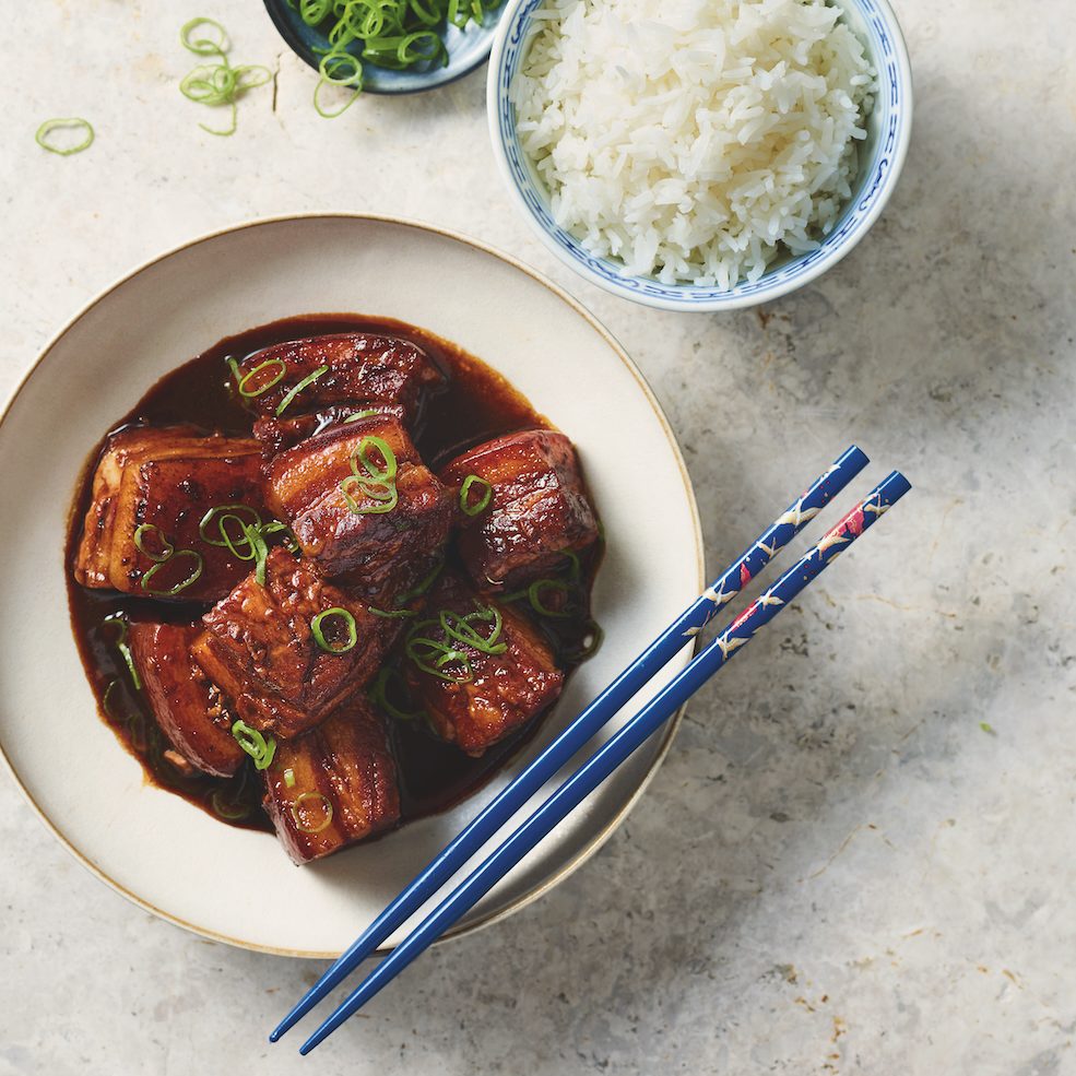 Bowl of braised pork with blue chopsticks next to smaller bowls of rice and green onion.