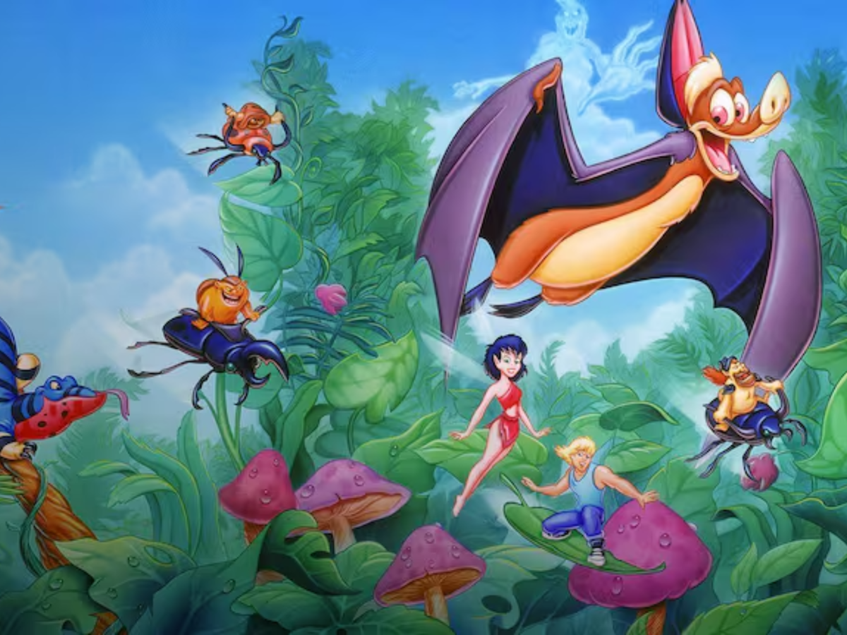 Animated still from FernGully: The Last Rainforest showing fairies, insects and other animated characters