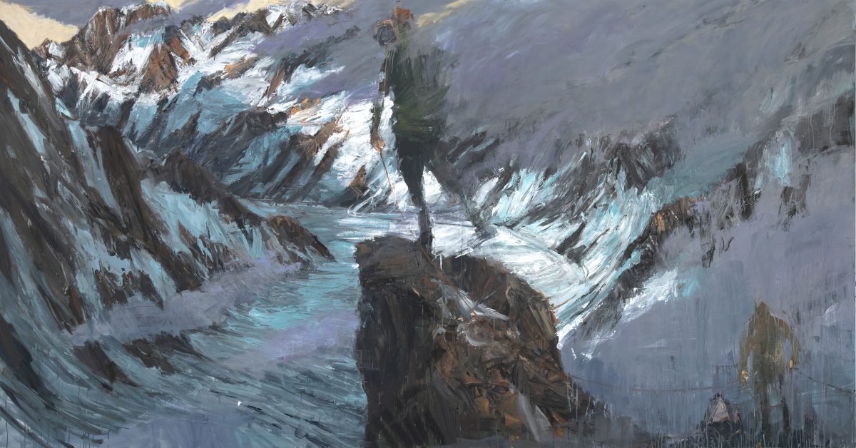 Almost square painting in a central rock and a figure standing on it