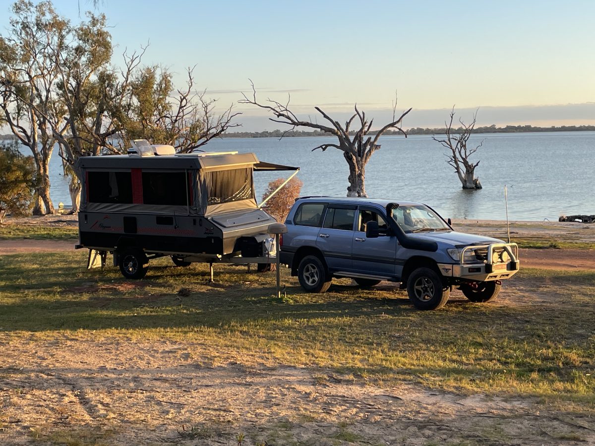 Helen Swanson's camper trailer parked along the Murray River. 