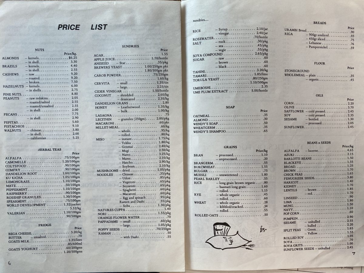 A double page spread of an old newsletter shows a list of goods and their prices.