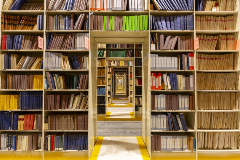 A photograph of book stacks.