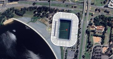 Liberal overlays show comparable stadiums fit on Acton Waterfront site