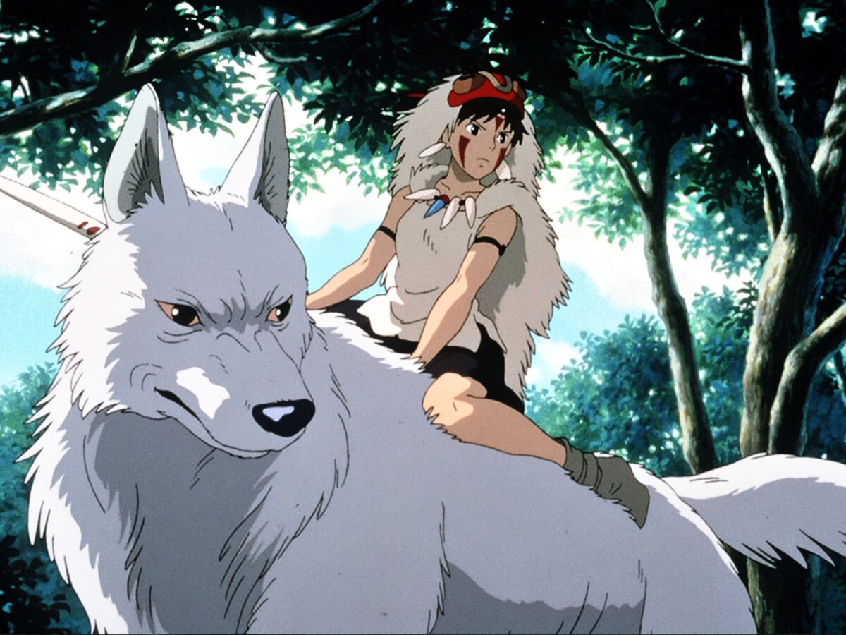 Animated still from Princess Mononoke showing a woman riding a wolf