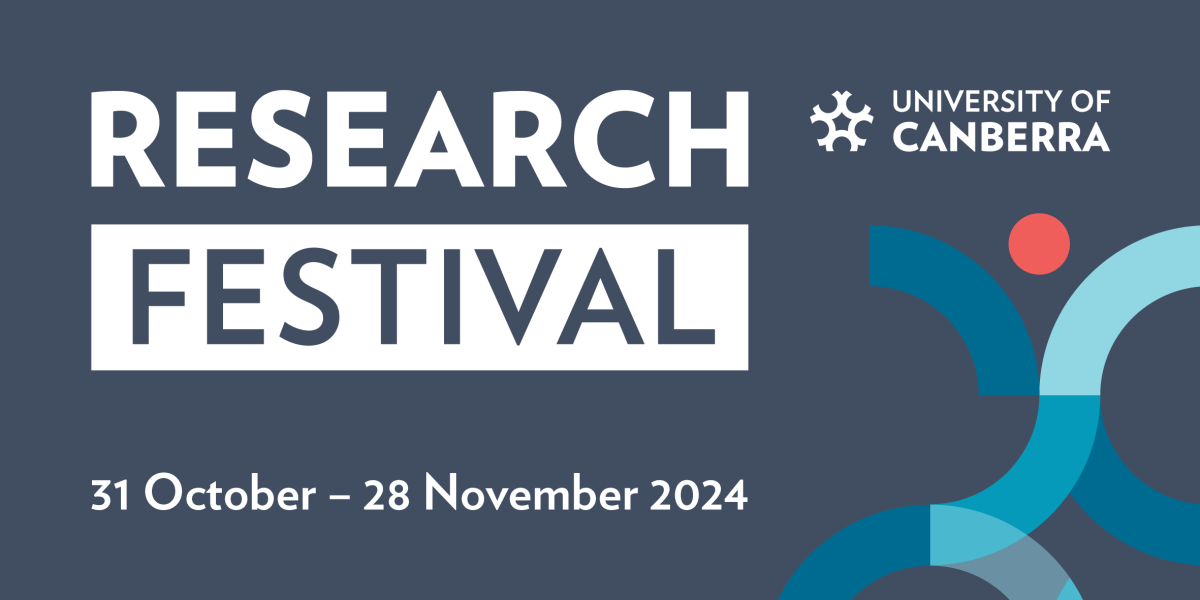 A designed graphic on a dark navy background with the University of Canberra logo in white and following text: Research Festival, 31 October - 28 November 2024. A swirl graphic sites on the write of blue lines and a red dot. 