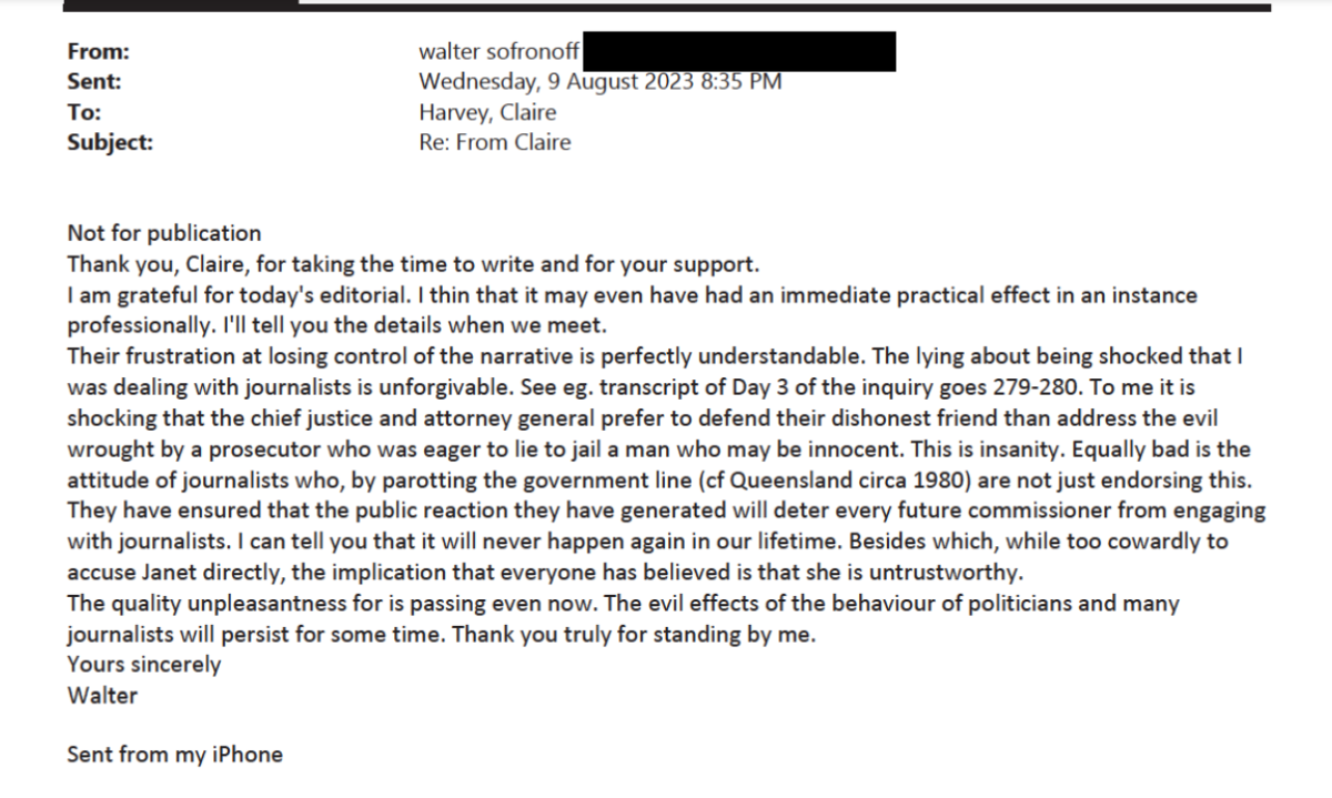 email from walter sofronoff to claire harvey