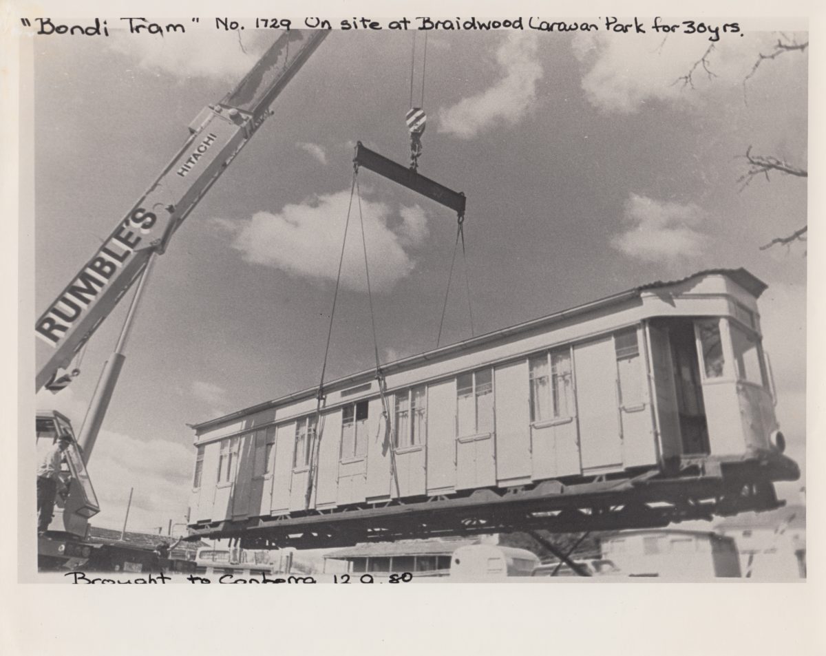 One of the trams moved to the Tradies, Dickson.