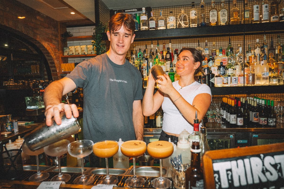 two bartenders mixing drinks