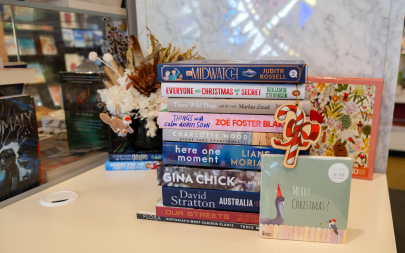 A display of books and Christmas cards at the National Library Bookshop.