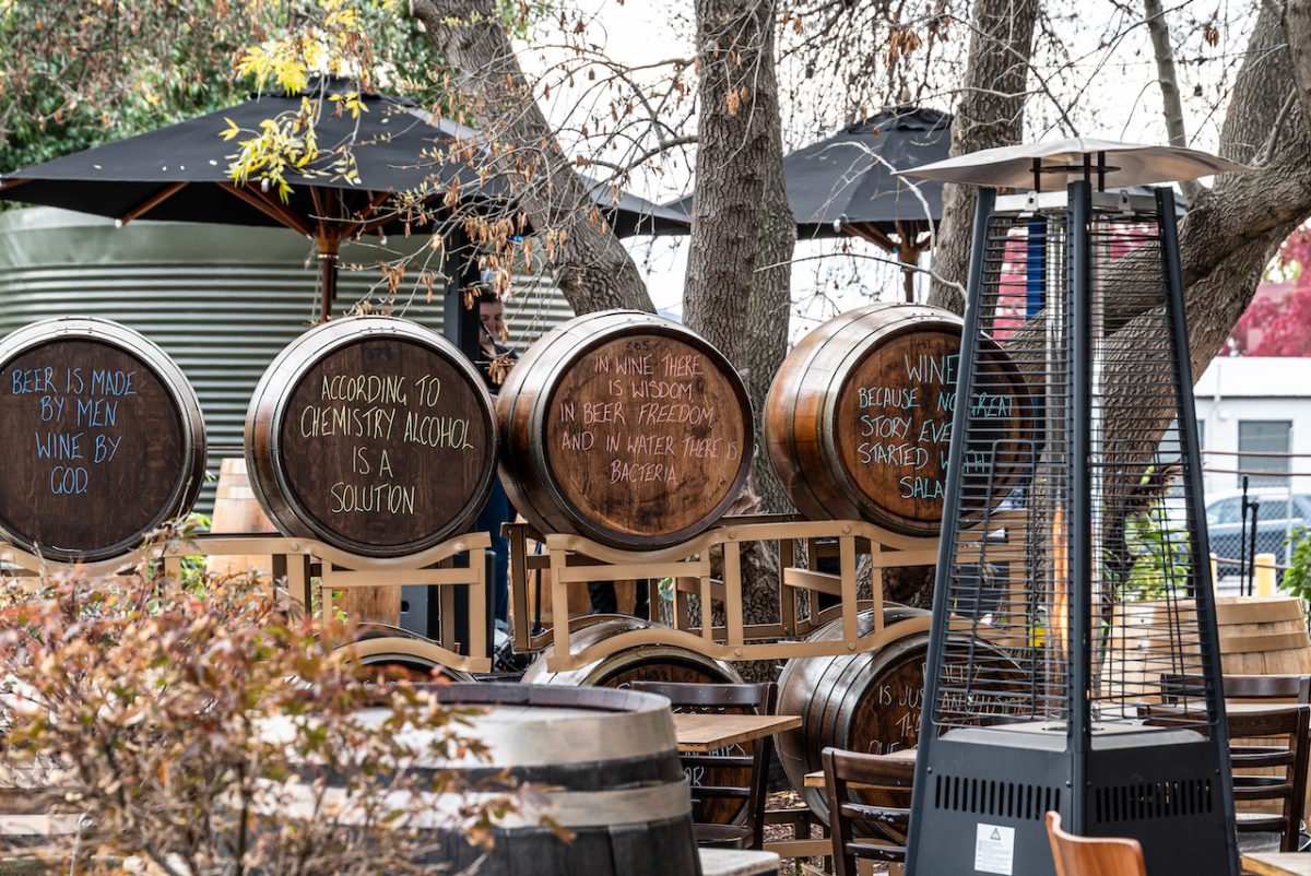 Wine Barrels with funny slogans at Contentious Character's Urban Winery in Fyshwick.