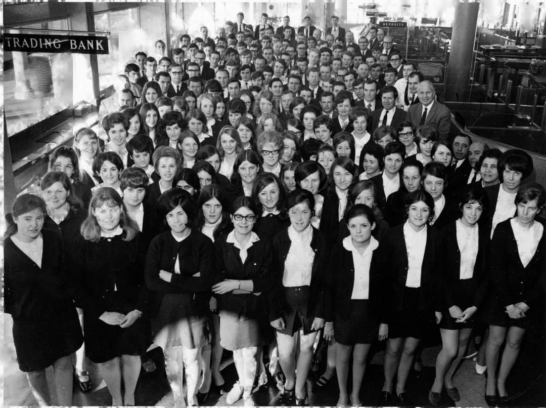 Black and white picture of bank staff