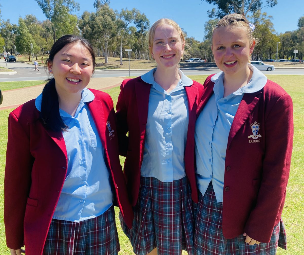 Year 10 Radford students Olivia Wang, Isobel Egan and Ashely Cook in uniform 