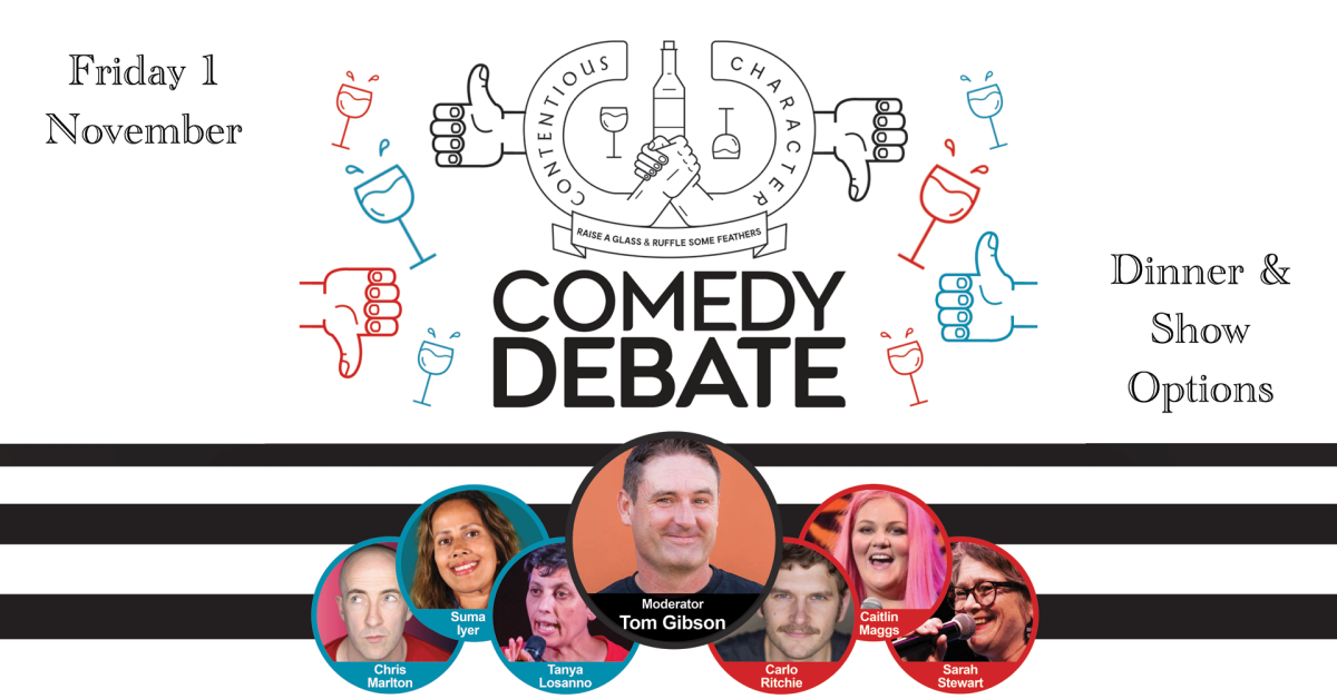 The poster for the Contentious Character Comedy Debate, with 7 comedians' headshots included in circular inserts.