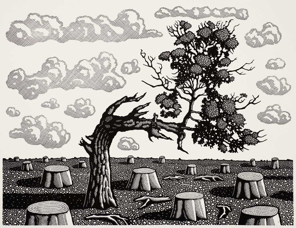 Black and white landscape format image with a single tree